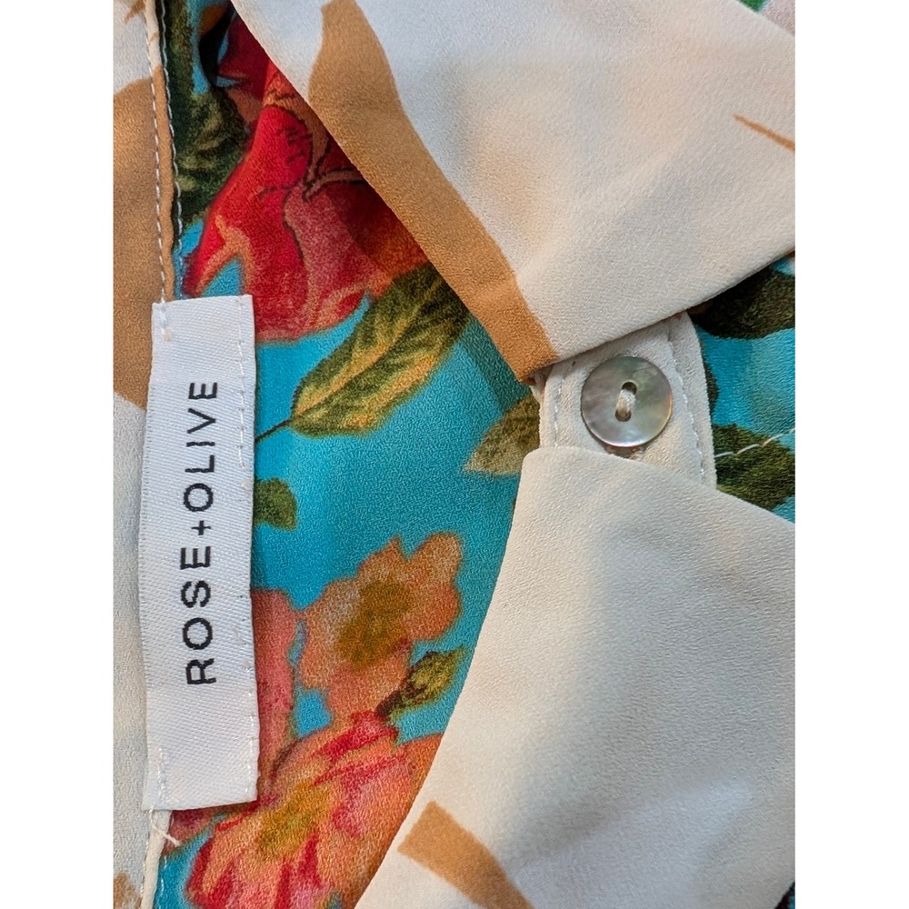 Rose + Olive Mixed Floral Abstract Print Button Down Blouse Blue Tan 3/4 Sleeve - Picture 7 of 10